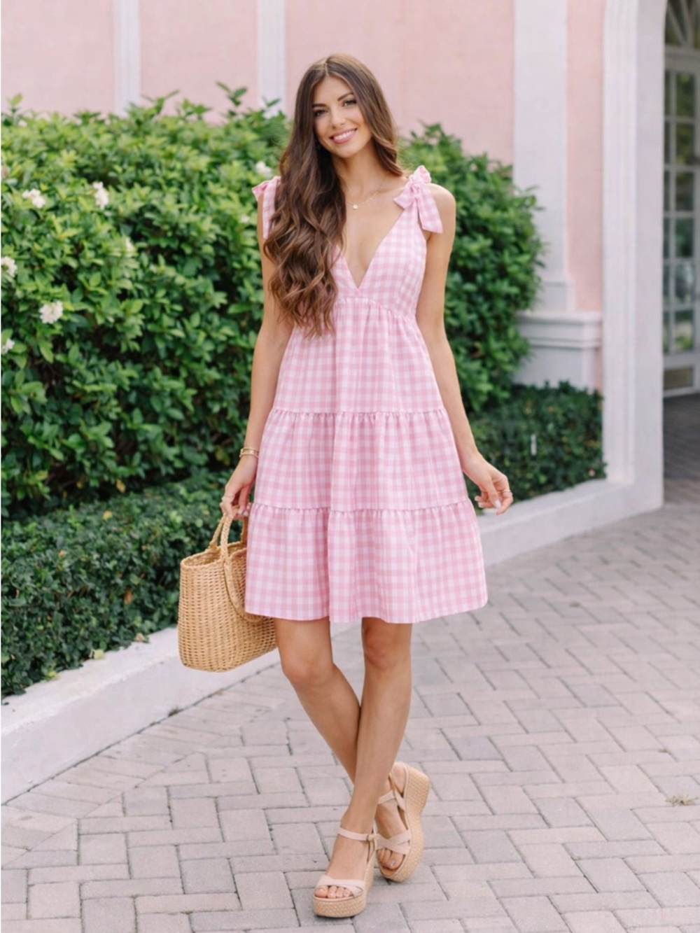 Gingham print v neck tie strap tiered mini dress baby pink white preppy